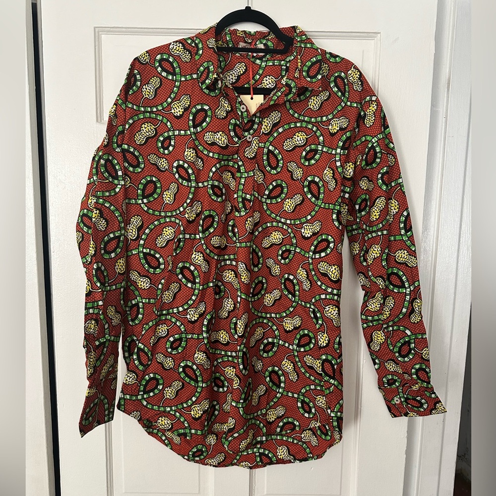 Patterned Red Button-Up Women's Shirt - Long Sleeve